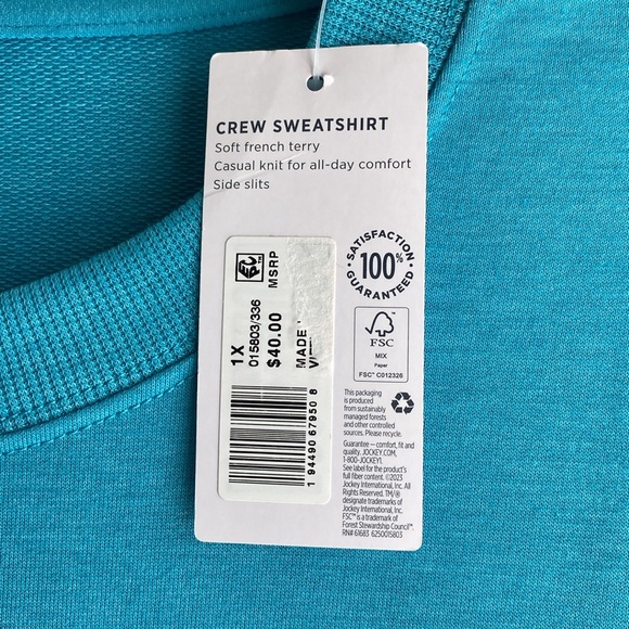 JOCKEY (1X) French Terry Crew Sweatshirt Style #15803, Color #336 Soft Teal, NWT - Picture 4 of 12